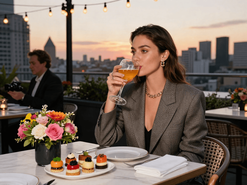 Wanita muda mengenakan outfit luxury111 di teras rooftop urban saat matahari terbenam.
