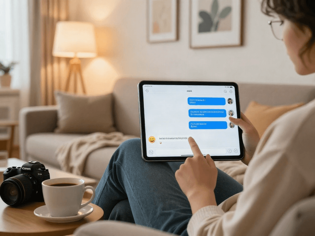 Engaging with an nsfw chat bot on a tablet in a cozy lounge, showcasing modern interaction.