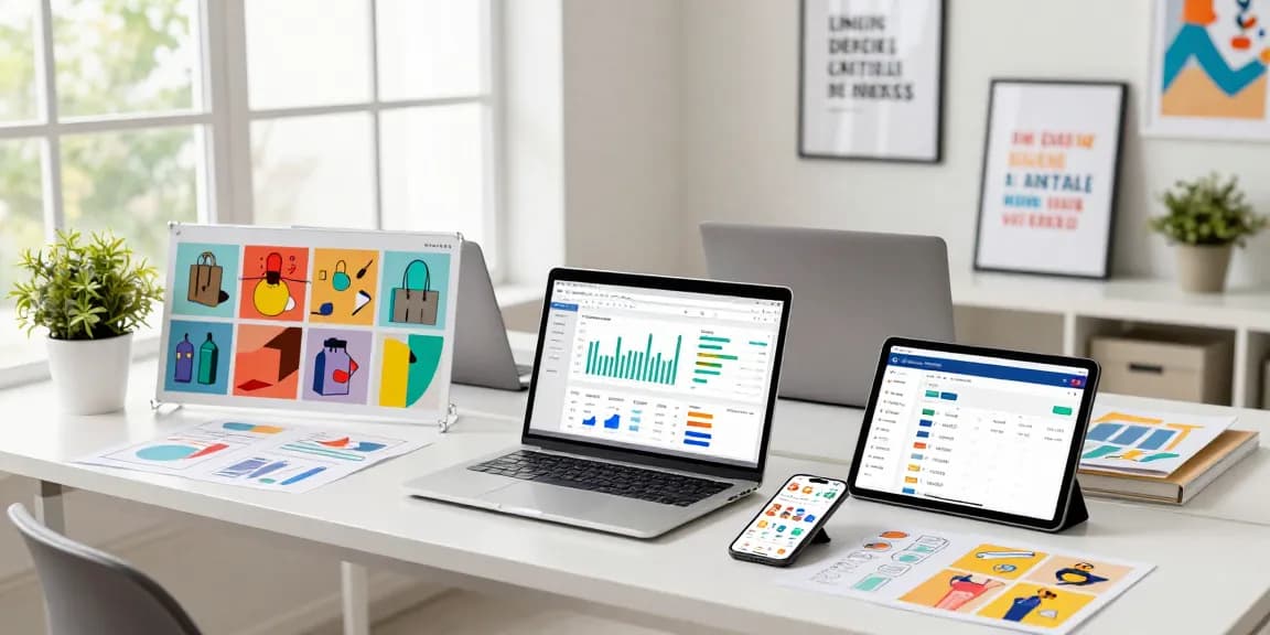 Online retailer managing lucky77 store with multiple devices and colorful products