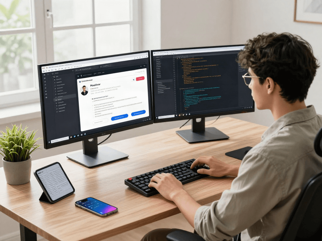 Engaged professional in a modern office, showcasing the Pikashow app download on dual monitors.