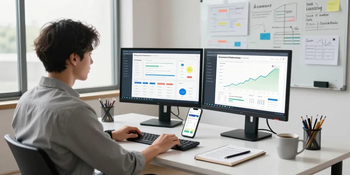 Buy app downloads strategy in a modern marketing workspace with analytics on screens