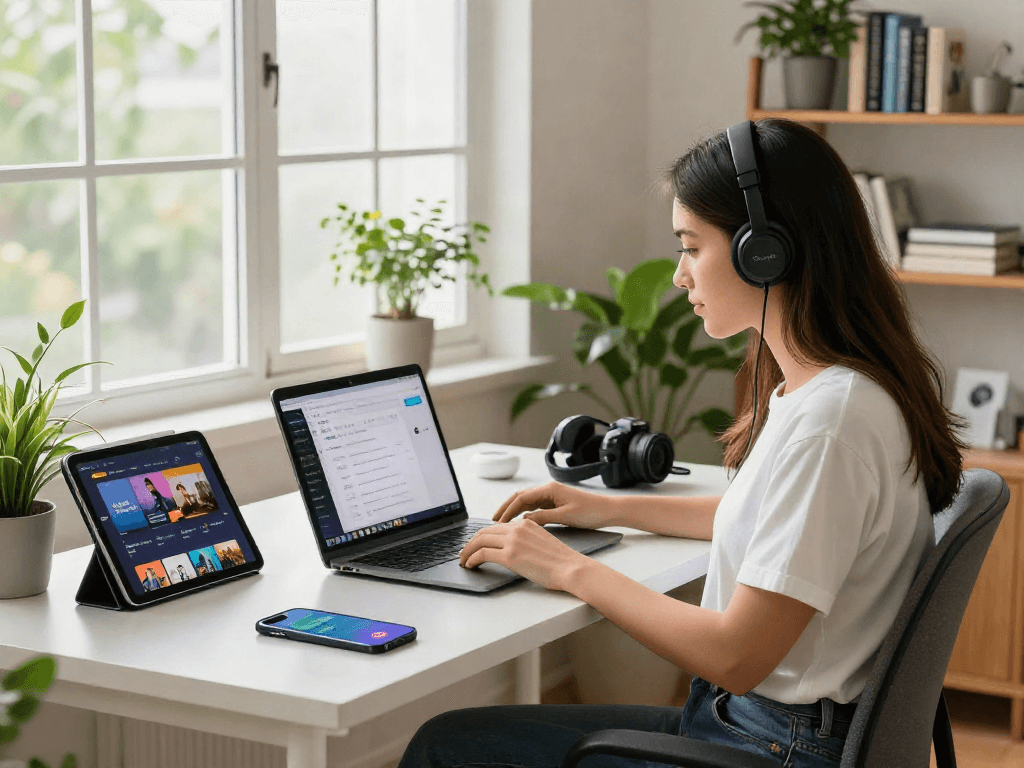 Pikashow APK interface displayed on a laptop in a modern home office setting, highlighting a vibrant tech lifestyle.