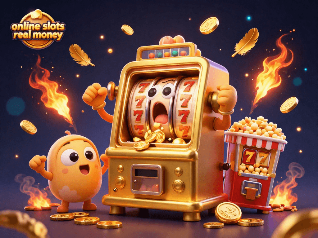 Win big with online slots real money in this exciting jackpot-filled slot machine scene.