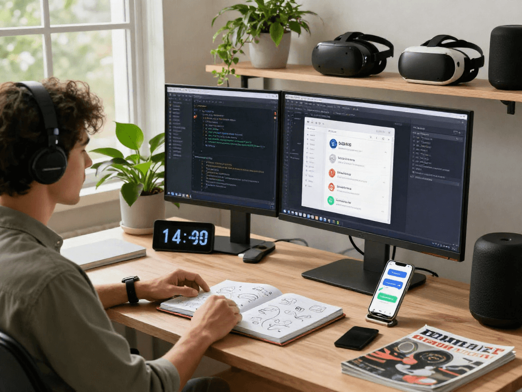 GbxWhatsApp features showcased at a tech workspace with a developer coding on multiple screens and design sketches.