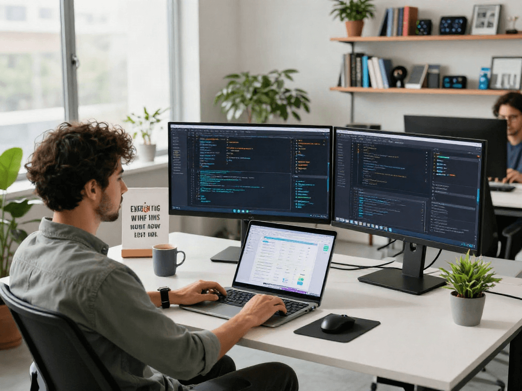 Proses pengembangan aplikasi menggunakan 快连下载 di kantor modern dengan layar monitor dan suasana kolaboratif.