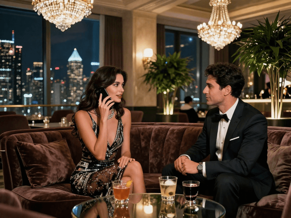 Call girls engaging in lively conversation at an upscale hotel, showcasing sophistication and elegance.