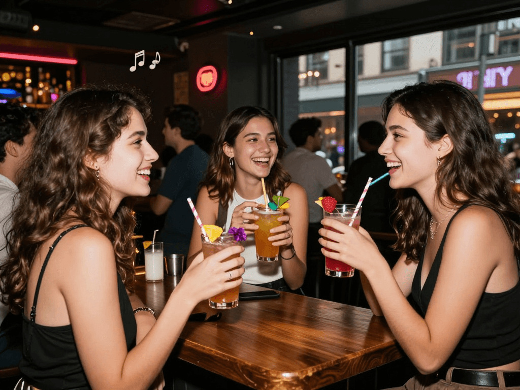 Gái gọi tận hưởng buổi tối sôi động tại quán bar hiện đại, bạn bè cùng uống cocktail.