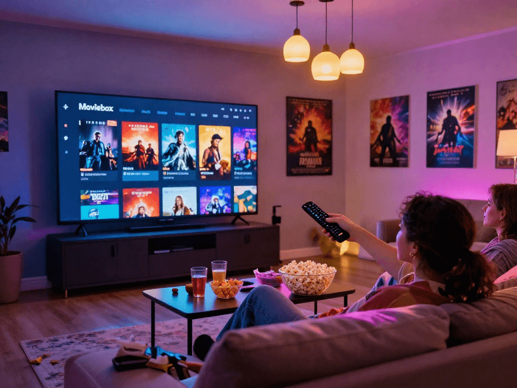 Enjoying the Moviebox app in a cozy home theater with snacks and vibrant lighting.