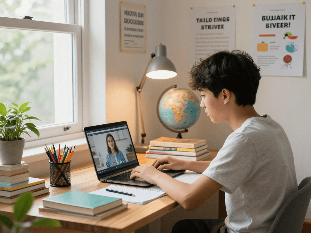 Focused student engaged in online tuition classes near me, cozy study environment with textbooks and laptop.