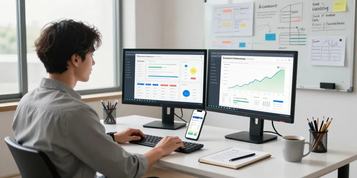 Buy app downloads strategy in a modern marketing workspace with analytics on screens