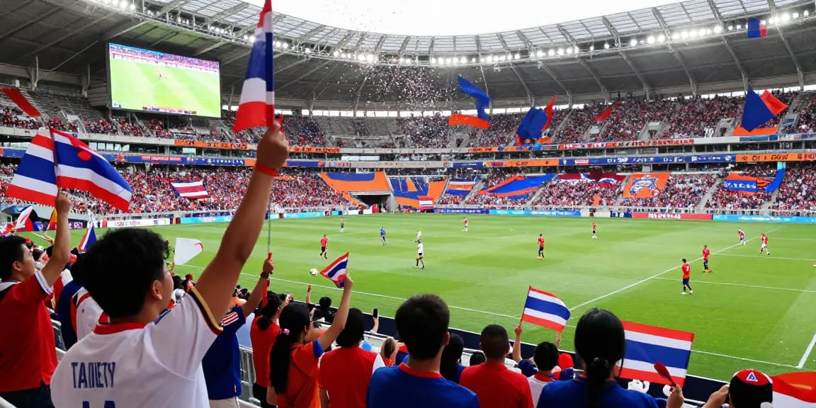 แฟนบอลชาวไทยเชียร์ทีมฟุตบอลในสนามช่วงการแข่งขันราคาบอลโลกนัดชิง