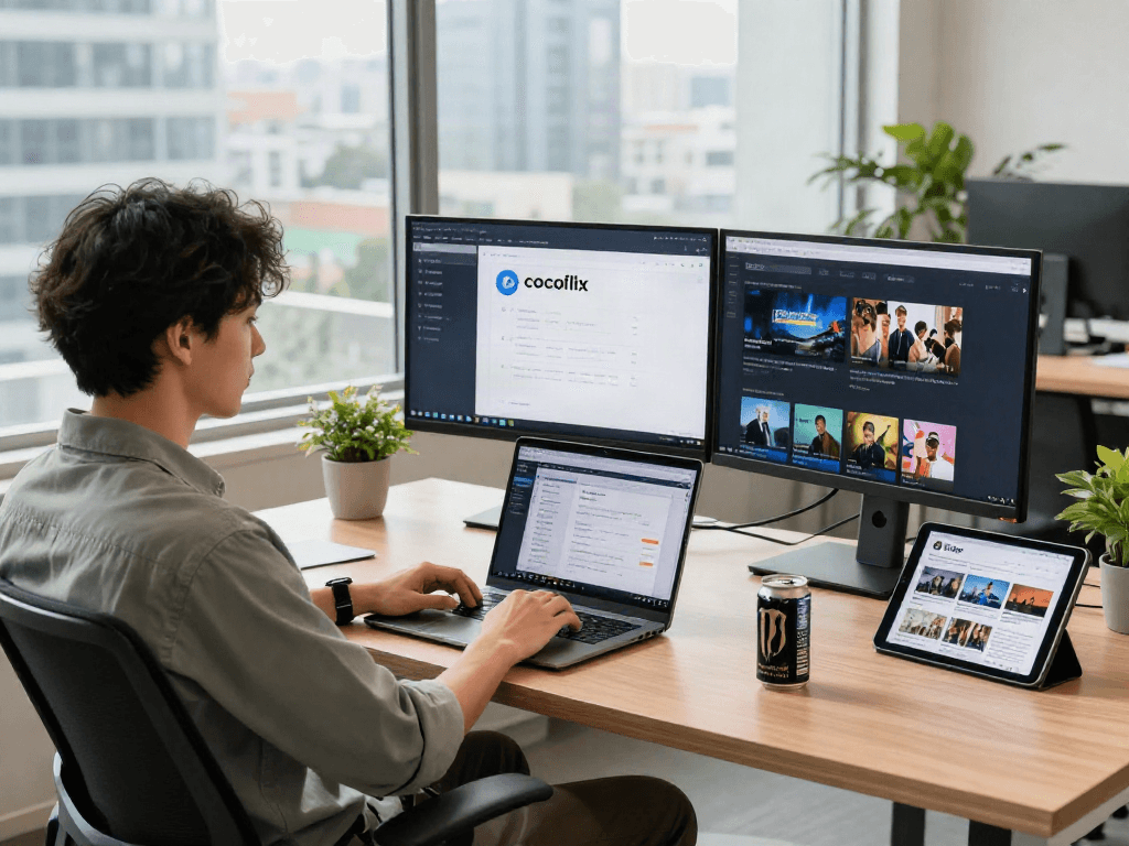 The user exploring the cocoflix apk in a modern tech workspace, showcasing dual monitors, energy drink, and city view.