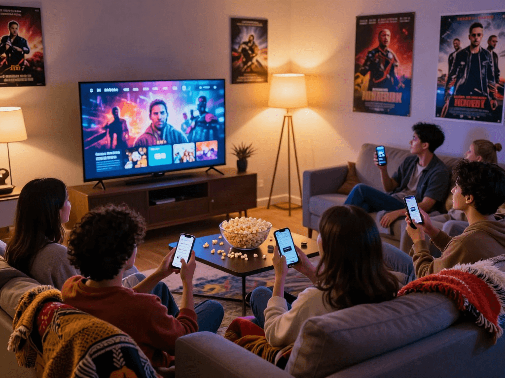 Moviebox app download for a cozy movie night with friends enjoying films on a smart TV.