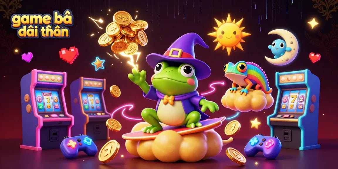 Experience game bài đổi thưởng with a whimsical 3D illustration of a weather wizard frog amidst golden coins.