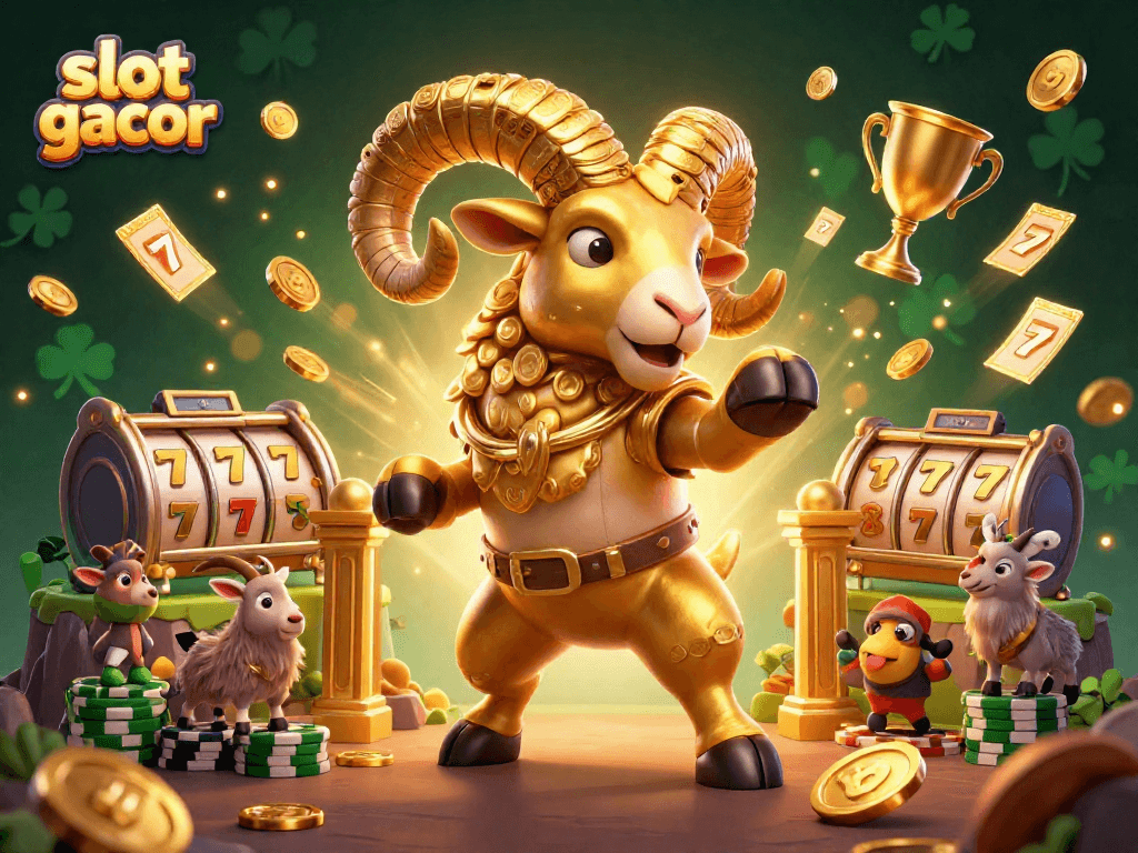 Experience the excitement of slot gacor with golden ram and jackpot elements in a dynamic casino scene.