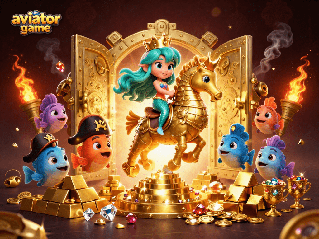 Experience the thrilling aviator game as a colorful mermaid rides a majestic seahorse in an enchanting underwater casino scene.