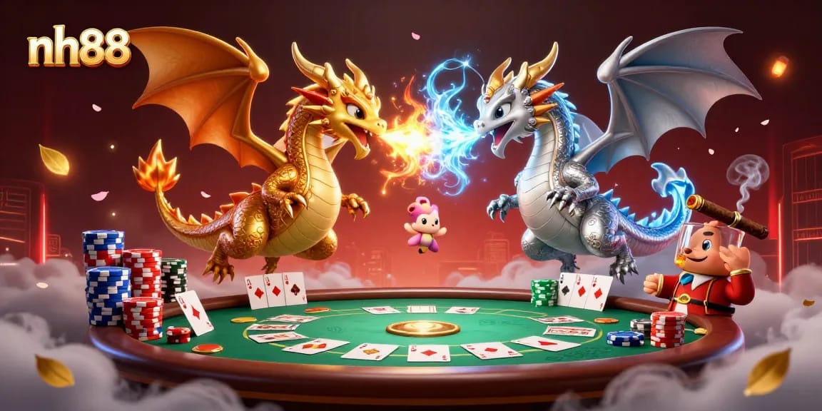 Experience thrill at nh88 with 3D dragons in dynamic casino gameplay surrounded by vibrant poker elements.
