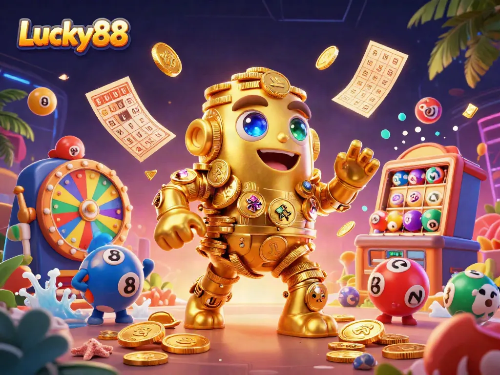 Engage with Lucky88 as a vibrant 3D illustration showcasing a golden golem surrounded by lottery elements and festive decorations.