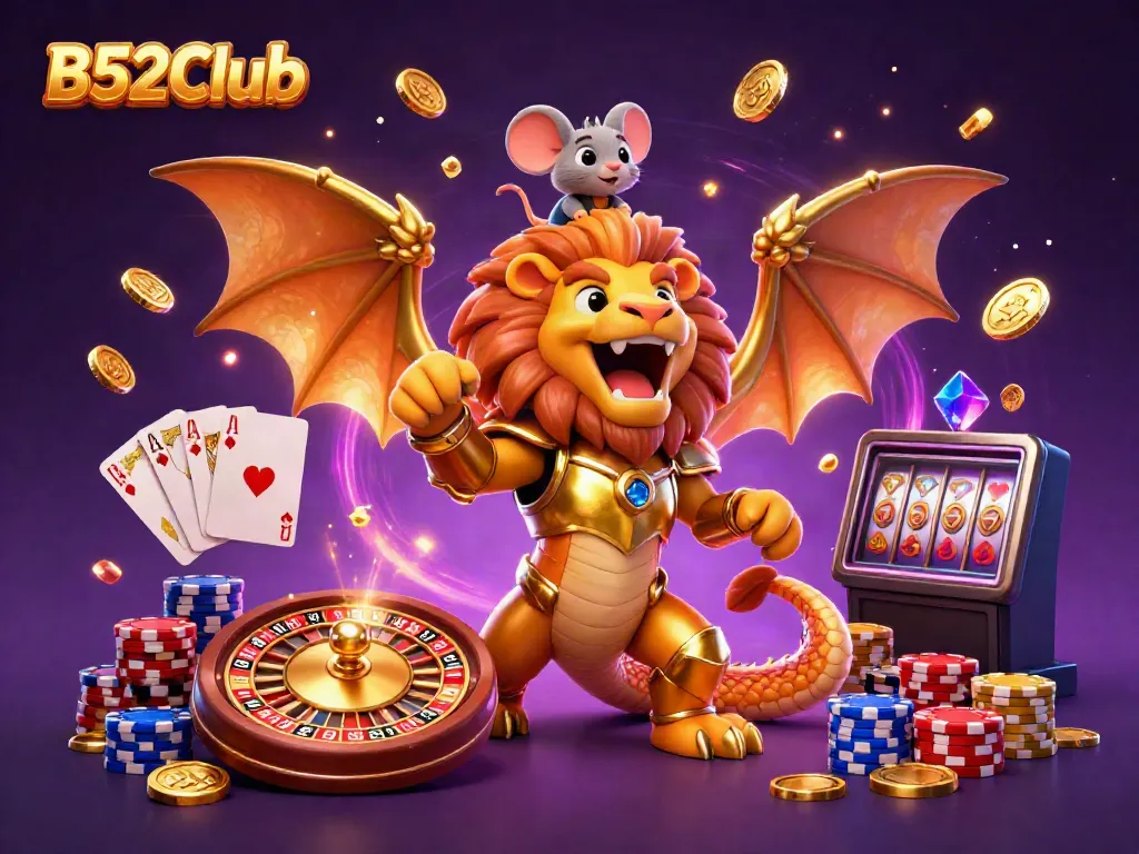 B52Club: Experience the thrill of winning with dynamic casino elements in a vibrant 3D scene.
