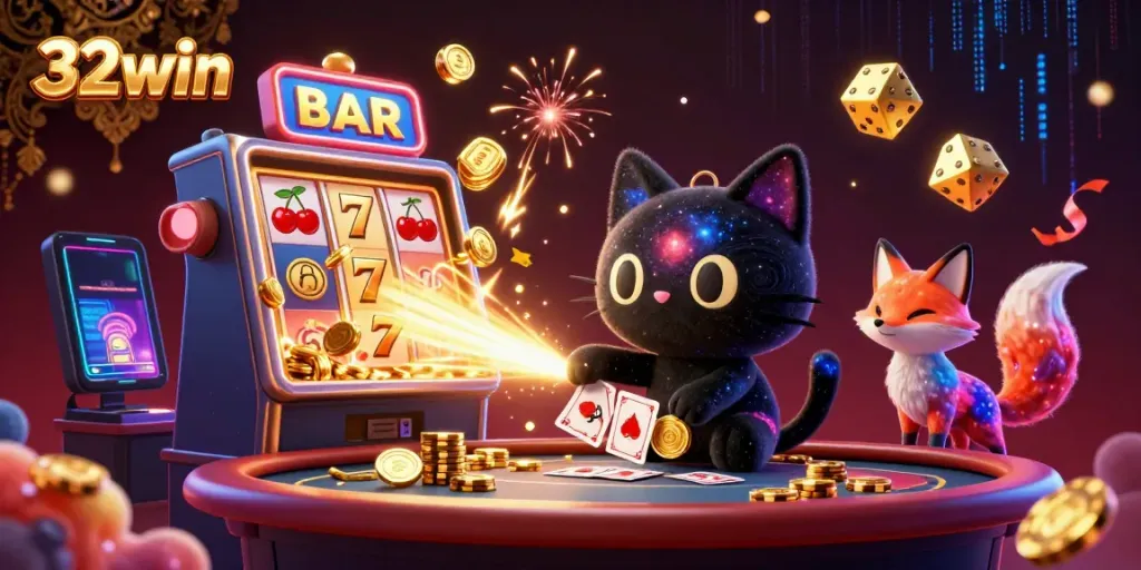 Engage with 32win's cosmic casino scene featuring a black hole cat and jackpot elements.