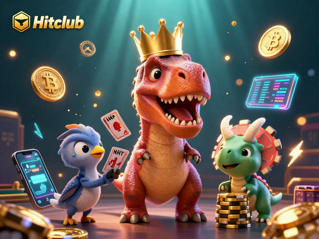 Hitclub showcases a T-Rex shuffling cards in a vibrant casino scene with glowing crypto coins.