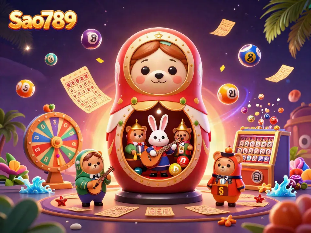 Engage in thrilling lottery action with Sao789, featuring vibrant game elements and a lively 3D illustration.