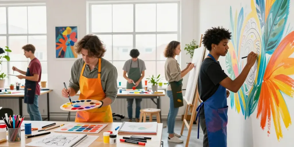 Artists collaborating on a mural, showcasing quality markers wholesale in a vibrant creative studio.