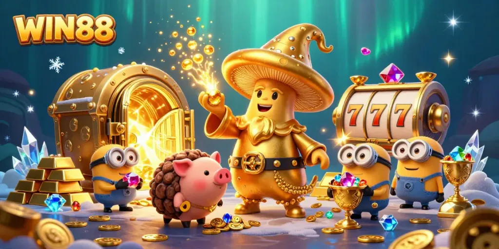 WIN88 magical casino scene with a whimsical golden wizard and treasure elements