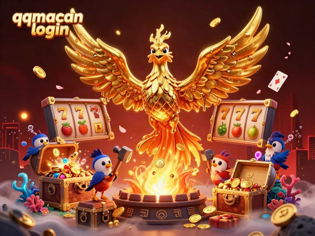Experience the thrilling qqmacan login adventure with a molten phoenix rising amidst rich casino elements.