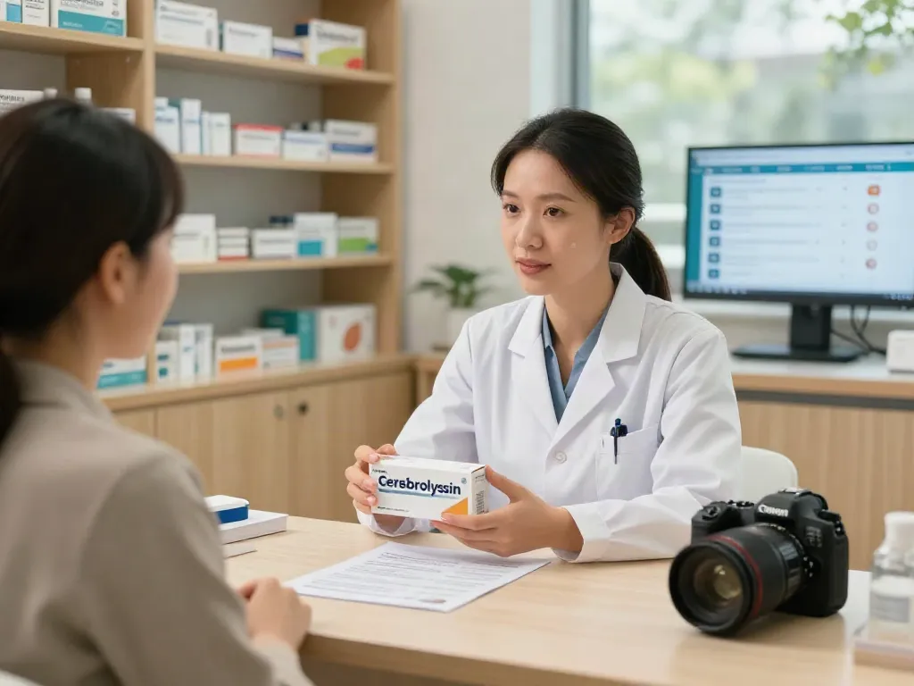 Cerebrolysin cost analysis discussion in a pharmacy with a professional and patient.