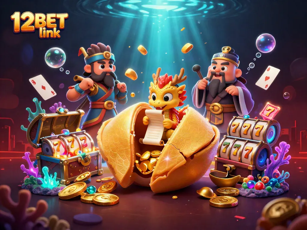 Experience thrilling gaming with 12BET link, featuring a golden fortune cookie and dynamic slot elements.
