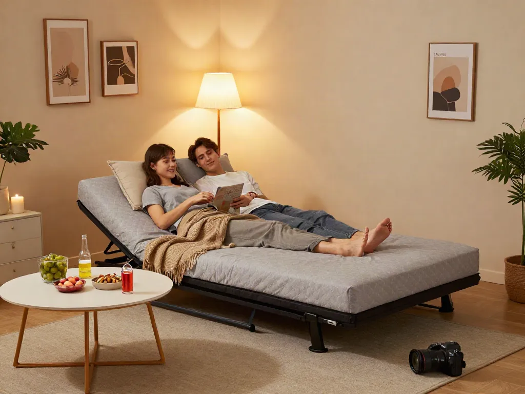 Couple enjoying movie night on a portable bed in a cozy living room.