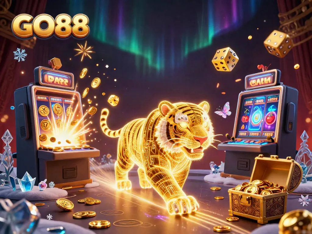Experience the thrill of GO88 in a vibrant digital casino scene with a golden tiger and rich game elements.