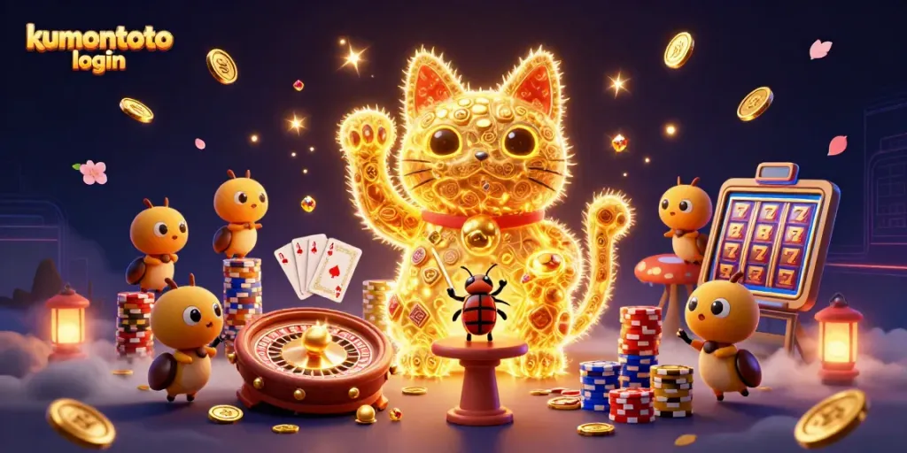 Experience kumontoto login with a vibrant casino scene featuring a lucky cat and dynamic game elements.