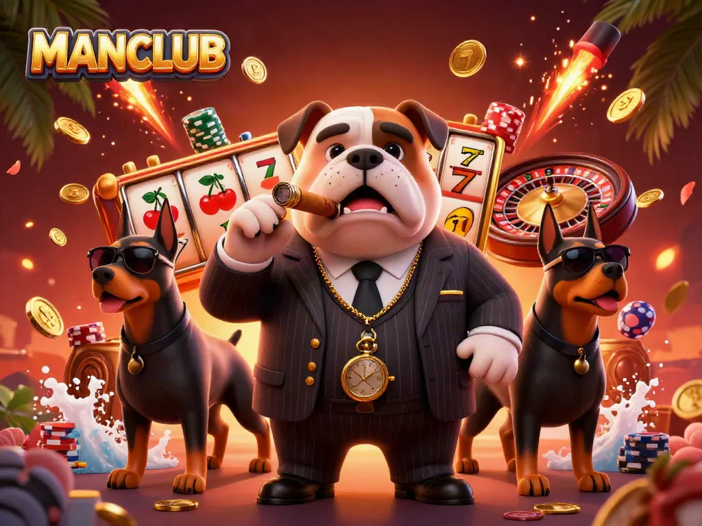 Engage with MANCLUB in a vibrant casino scene featuring a mafia bulldog and Doberman bodyguards.