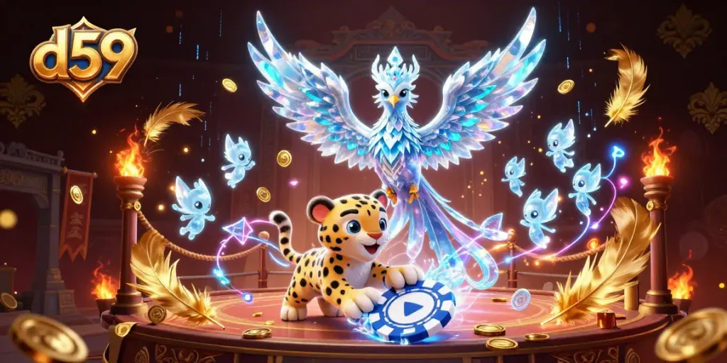Experience the thrill of d59 slots with vibrant characters and dynamic casino elements in a stunning 3D render.
