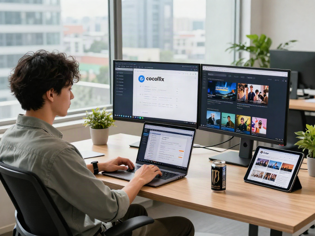 The user exploring the cocoflix apk in a modern tech workspace, showcasing dual monitors, energy drink, and city view.