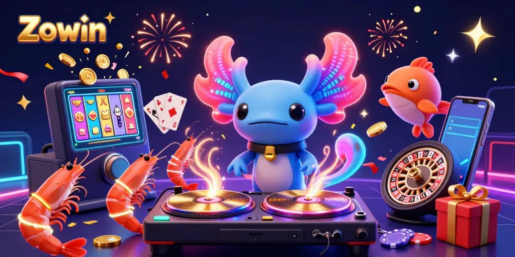 Zowin brings excitement with a neon DJ, shrimp dancers, and vibrant gaming elements.