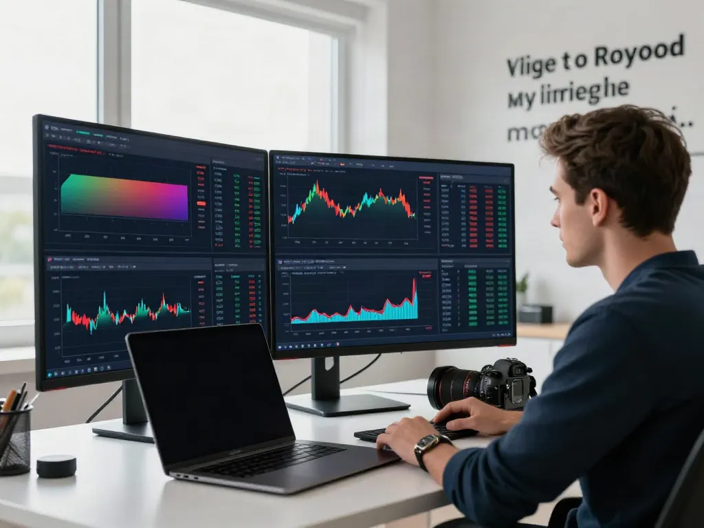 Focused trader using TradingView software to analyze market trends in a dynamic digital workspace.