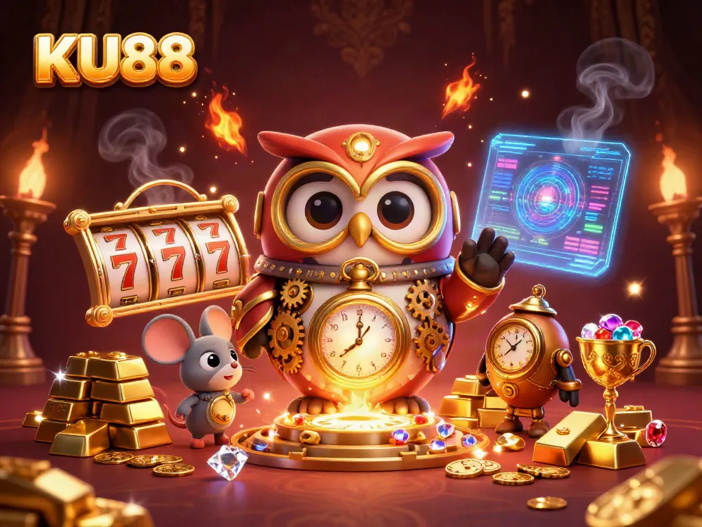Engage with KU88's exciting slots as a time-traveler owl uncovers treasures in a vibrant casino world.