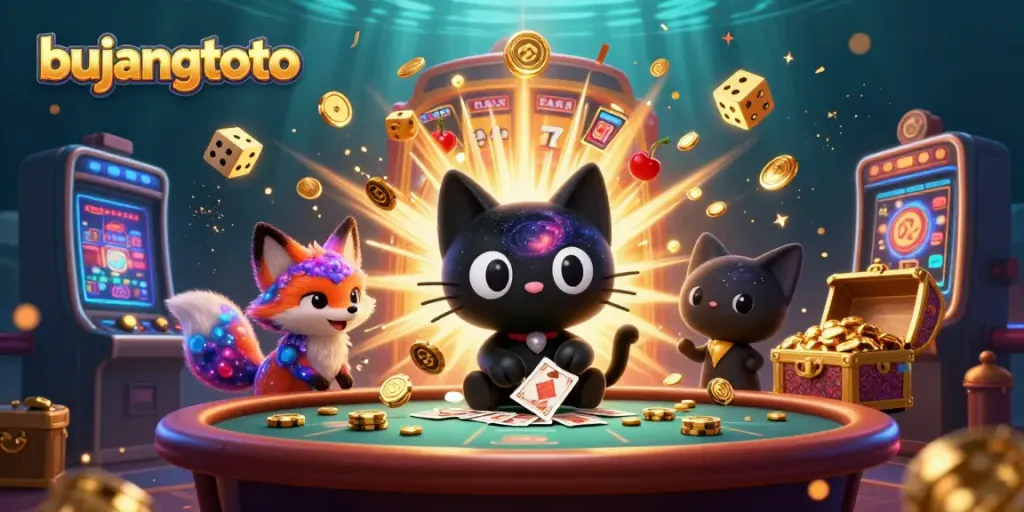 Bujangtoto features a cosmic casino scene, showcasing a black hole cat and nebula fox amidst a jackpot explosion.