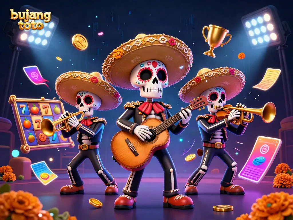 Experience thrilling wins at bujang toto with a vibrant illustration of a mariachis band celebrating alongside slot machines.