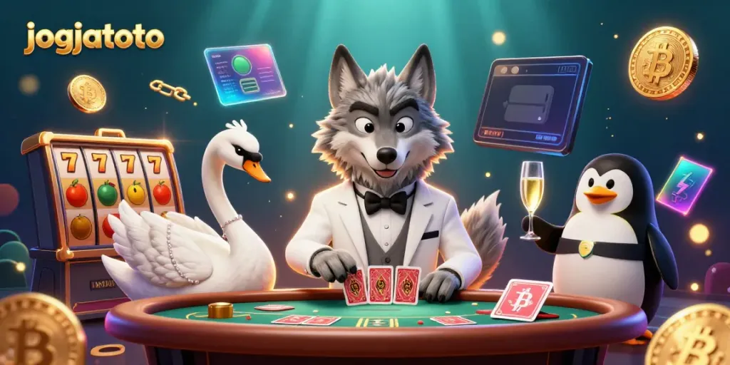 Enjoy the vibrant JOGJATOTO casino experience with characters enjoying a fun baccarat game and festive atmosphere.