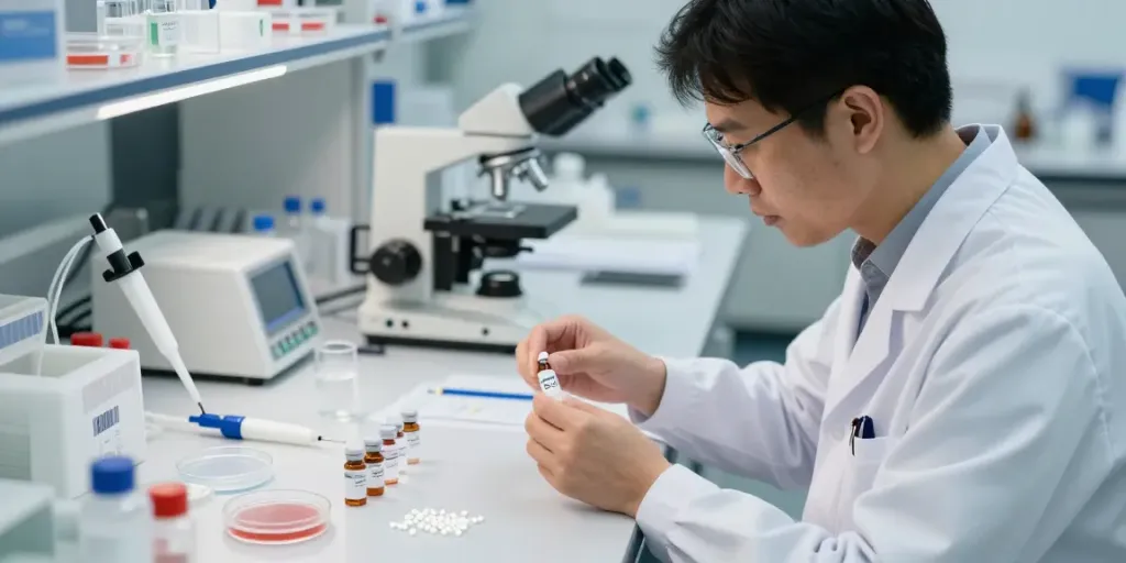 Researcher examining SS31 for sale peptides in a clean lab environment.