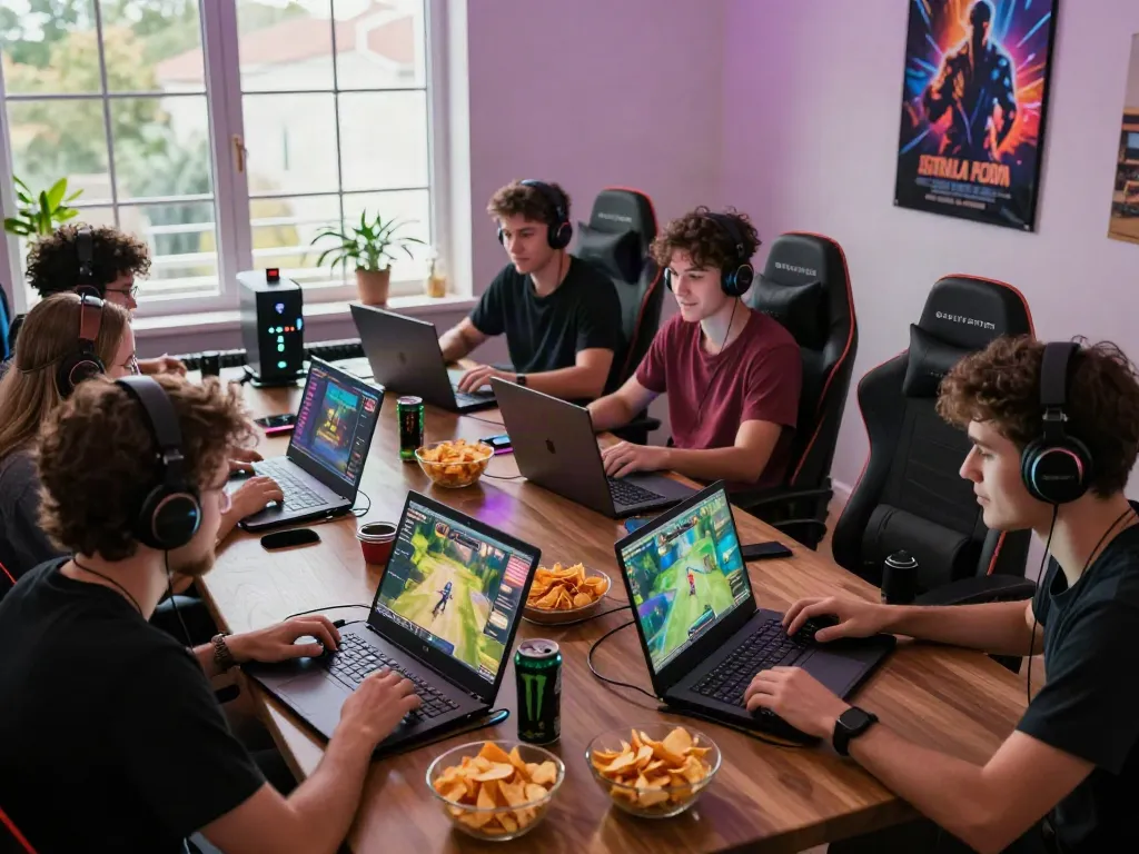 Nhóm bạn trẻ chơi game trực tuyến với vvwin, không khí vui vẻ và thoải mái.