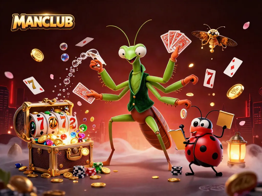 Engage with the MANCLUB gambling scene featuring card games, vibrant characters, and rich casino elements.