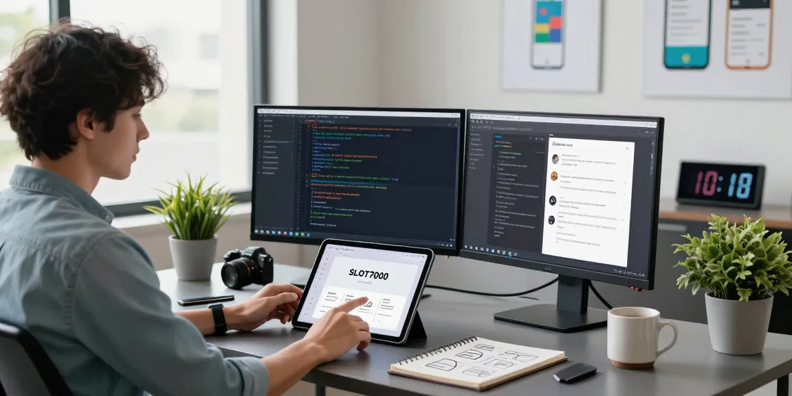 Developer showcasing the SLOT7000 mobile app interface in a modern tech workspace, highlighting innovation and productivity.