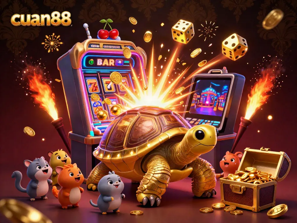 Cuan88 brings luck in this vibrant casino scene featuring slot machines and a golden tortoise.