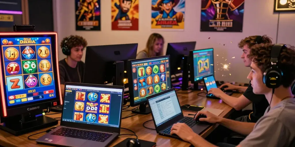 Exciting slot gacor gaming scene with players enjoying vibrant online slots on various devices.