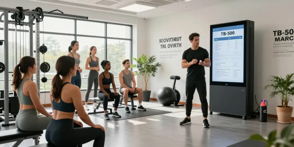 Fitness coach using TB-500 peptide in a modern lab with athletes.